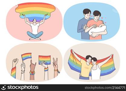 Homosexual couple love and rights concept. Set of young positive women lesbians and men gays having rainbow in head kissing hugging adopting baby vector illustration. Homosexual couple love and rights concept.