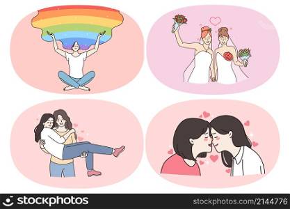 Homosexual love and lesbians concept. Set of young positive women having rainbow in head marrying another woman kissing and hugging vector illustration. Homosexual love and lesbians concept