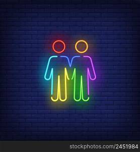 Homosexual male couple neon sign. Rainbow colored guys shape, men, lgbt. Vector illustration in neon style for bright banners, light billboards, gay pride flyer