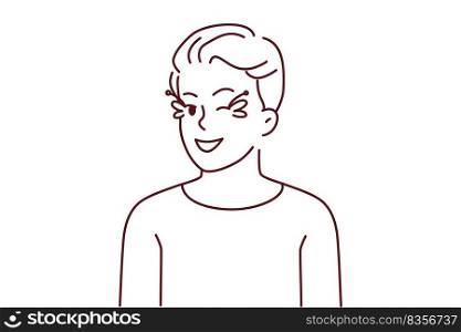 Homosexual man with pink hair and eye makeup wink at camera. Smiling gay guy with face make-up feeling optimistic and joyful. Vector illustration.. Gay man with pink hair and eyes makeup