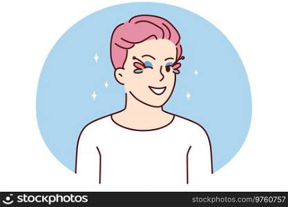 Homosexual man with pink hair and eye makeup wink at camera. Smiling gay guy with face make-up feeling optimistic and joyful. Vector illustration.. Gay man with pink hair and eyes makeup