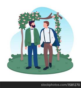 Homosexual married couple 2D vector web banner, poster. Gay couple holding hands. Groom and groom flat characters on cartoon background. Wedding printable patch, colorful web element. Homosexual married couple 2D vector web banner, poster