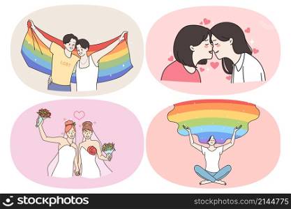 Homosexual relationships and love concept. Set of young positive women lesbians and gays having rainbow in head marrying another woman kissing and hugging vector illustration. Homosexual relationships and love concept.