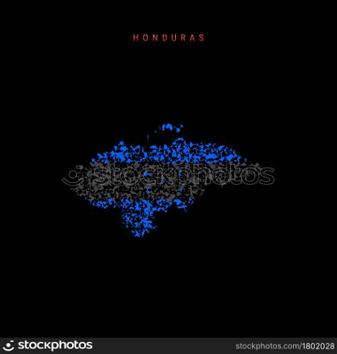 Honduras flag map, chaotic particles pattern in the colors of the Honduran flag. Vector illustration isolated on black background.. Honduras flag map, chaotic particles pattern in the Honduran flag colors. Vector illustration