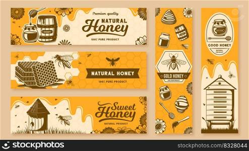 Hone banners. Healthy natural sweets, bee farm products and header with honeycomb cells vector illustration set of banner honey sweet delicious. Hone banners. Healthy natural sweets, bee farm products and header with honeycomb cells vector illustration set