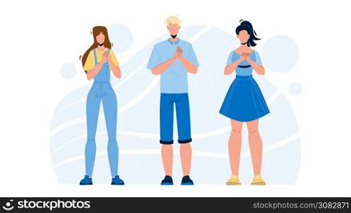 Honesty People Group With Hands On Chest Vector. Honesty Young Man And Women With Grateful Gesture Tell Truth. Friendly Characters Swear Or Promises Something Flat Cartoon Illustration. Honesty People Group With Hands On Chest Vector