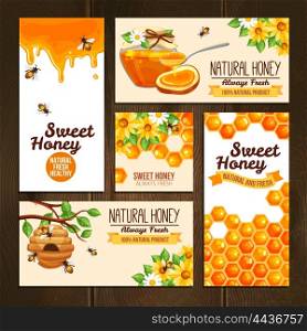 Honey Advertising Banners. horizontal vertical and square banners presenting sweet natural honey with bees hive and wax cells vector illustration