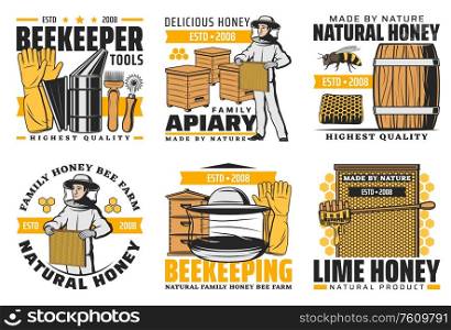 Honey and beekeeping farm, vector farm made product icons. Family apiary agriculture production and beekeeper tools shop labels, beehive honeycomb, wooden barrel and honey splash drops. Natural organic honey, beekeeping apiary farm