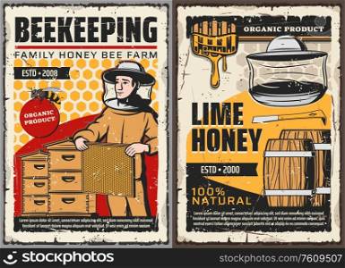 Honey and beekeeping farm, vector retro vintage posters. Family organic agriculture, beekeeper with honeycomb at apiary taking lime honey from beehives, wooden barrels and honey splash drops. Family bee farm, organic honey beekeeping posters