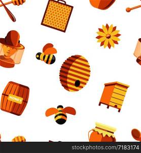 Honey and bees, beekeeper wearing protective suit seamless pattern isolated on white vector. Hive apiary, hobby of male, apiculture working, pot with product, farming and agriculture industry. Honey and bees, beekeeper wearing protective suit seamless pattern isolated on white vector.