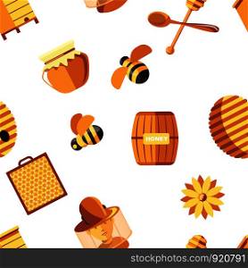 Honey and bees, beekeeper wearing protective suit seamless pattern isolated on white vector. Hive apiary, hobby of male, apiculture working, pot with product, farming and agriculture industry. Honey and bees, beekeeper wearing protective suit seamless pattern isolated on white vector.