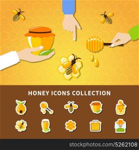 Honey And Hands Composition. Honey and hands composition with people who hold in their hands pods with honey and stick vector illustration