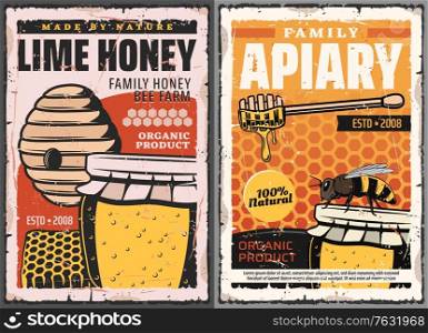 Honey and honeycombs with bee, vector beekeeping farm apiary. Wild bee hive with honey jar and wooden dipper, flower pollen, beeswax and combs retro posters with grunge effects. Honey and honeycombs with bee, beekeeping farm