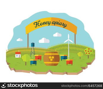 Honey apiary conceptual vector. In flat style design. Beehives and barrel of honey on farmyard with fields and garden on background. Traditional organic apiary illustration. Isolated on white. . Honey Apiary Conceptual Vector in Flat Style Design.