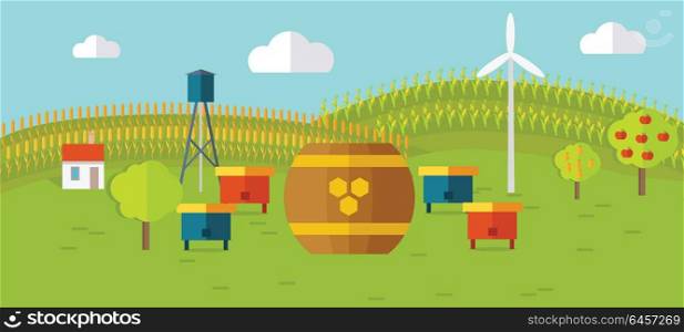 Honey apiary conceptual vector. In flat style design. Beehives and barrel of honey on farmyard with fields and garden on background. Traditional organic apiary illustration. Isolated on white. . Honey Apiary Conceptual Vector in Flat Style Design.