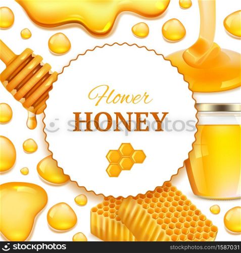 Honey background. Realistic frame with honeycomb and sticky golden honey farm fresh food splashes vector picture with place for text. Golden honey food, healthy organic nutrition dessert illustration. Honey background. Realistic frame with honeycomb and sticky golden honey farm fresh food splashes vector picture with place for text