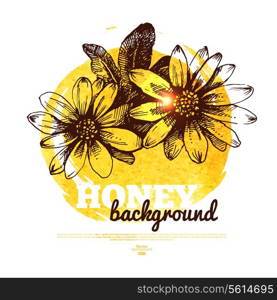 Honey banner with hand drawn sketch and watercolor illustration&#x9;