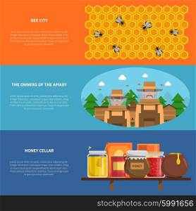 Honey Banners Set. Honey horizontal banners set with bee city and honey cellar symbols flat isolated vector illustration