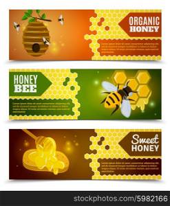 Honey Banners Set. Honey horizontal banners set with bee organic and sweet honey symbols flat isolated vector illustration