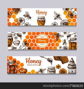 Honey banners. Vintage hand drawn bee and honeyed flower, honeycomb and hive vector labels. Illustration of healthy food, natural sweet hone web poster illustration. Honey banners. Vintage hand drawn bee and honeyed flower, honeycomb and hive vector labels