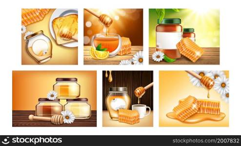 Honey bee food product ad set. Honeycomb poster. Glass jar with bee honey. Nature label. Organic banner template. Wildflower healthy dessert advertising. Yellow liquid, pollen 3d realistic vector. Honey bee food product ad set vector