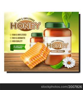 Honey bee food product ad. Yellow liquid, pollen, vintage flower. Beehive product. Tasty package. 3d realistic vector. Honey bee food product ad vector