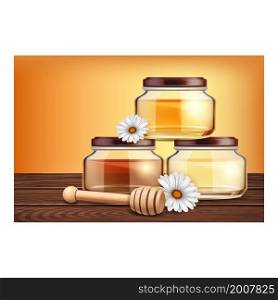 Honey bee food product background. Honeycomb poster. Yellow essence. White flower. 3d realistic vector. Honey bee food product background vector