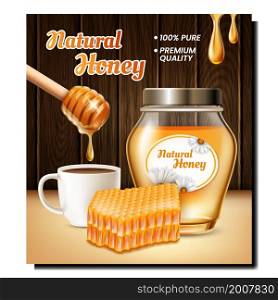 Honey bee food product banner. Glass jar with bee honey. Creative hive. Modern apiary. 3d realistic vector. Honey bee food product banner vector