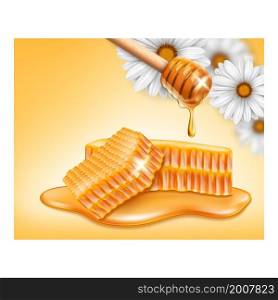 Honey bee food product template. Nature label. Natural Delicious. Wooden dipper. 3d realistic vector. Honey bee food product template vector