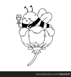 Honey bee in flower with wineglass of nectar. The striped insect resting during the break. Vector character isolated illustration on white background. Coloring page for children.