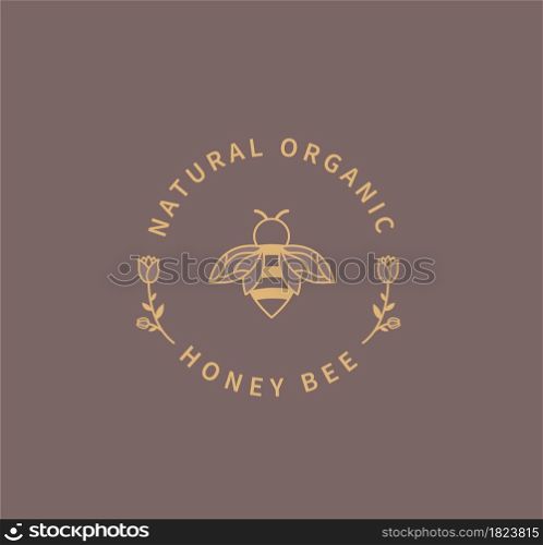 Honey bee logo. Natural and organic ingredient for food, cosmetology. Template design in minimal style, emblem for web, package, advertise with bee silhouette and flower.Vector illustration.. Honey bee logo.