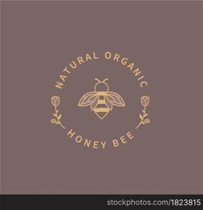 Honey bee logo. Natural and organic ingredient for food, cosmetology. Template design in minimal style, emblem for web, package, advertise with bee silhouette and flower.Vector illustration.. Honey bee logo.