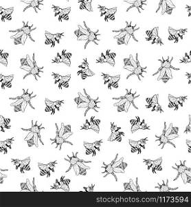 Honey Bee Seamless Pattern, Sketch Vector Illustration With Bumble Bee Hives In Vintage Style, Yellow Hand Drawn Honeycomb On White Background. Honey Bee Seamless Pattern, Sketch Vector Illustration With Bee Hives In Vintage Style