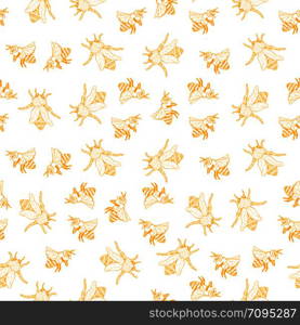 Honey Bee Seamless Pattern, Sketch Vector Illustration With Bumble Bee Hives In Vintage Style, Yellow Hand Drawn Honeycomb On White Background. Honey Bee Seamless Pattern, Sketch Vector Illustration With Bee Hives In Vintage Style