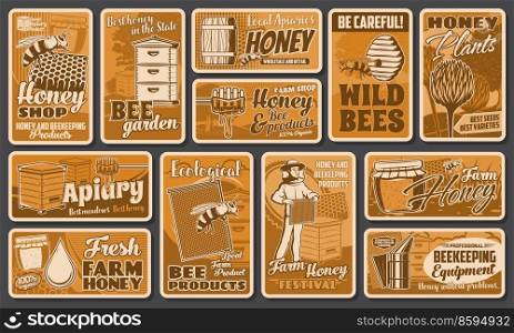 Honey beekeeping and apiary farm vector retro posters with beekeeper hives and bee honeycombs. Apiary farm shop, beekeeper food festival, wild bees warning sign and flower honey plants. Apiary farm, honey production, beekeeping posters