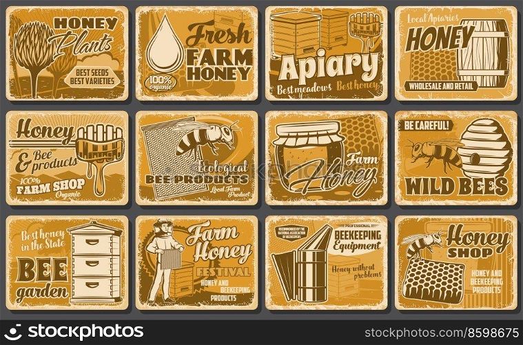 Honey beekeeping apiary, beekeeper hives and honeycomb, vector retro posters or metal plates. Apiary farm and beekeeper gathering honey from hives and honeycombs, beekeeping equipment and bee products. Honey beekeeping apiary, beekeeper hives posters