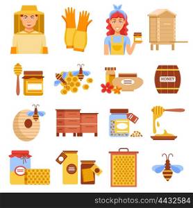 Honey Beekeeping Icon Set. Honey beekeeping icon set with elements of beekeeping means for raising bees and honey vector illustration