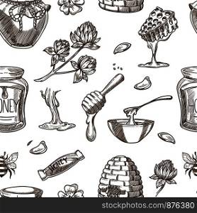Honey beekeeping sketch pattern background. Vector seamless honey jars and bees hive in honeycomb, dipper spoon and clover flowers. Honey beekeeping vector sketch pattern background