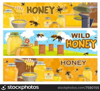 Honey, bees and apiary beehives, beekeeping farm. Vector honeycombs, bee insects and flowers, hives, beekeeper hat and smoker, jars, barrels and bowls of honey with dippers, apiculture design. Apiary beehives with bees and honey. Beekeeping