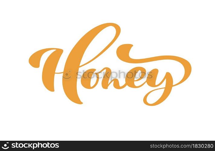 Honey calligraphy Vector lettering text. bee hand lettering word in orange color isolated on white background. Concept for logo card, typography poster, print.. Honey calligraphy Vector lettering text. bee hand lettering word in orange color isolated on white background. Concept for logo card, typography poster, print
