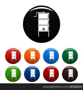 Honey centrifuge icons set 9 color vector isolated on white for any design. Honey centrifuge icons set color