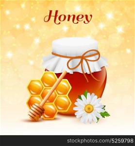 Honey Color Concept. Honey color concept with little homemade glass jar of honey and accessories for eat it vector illustration
