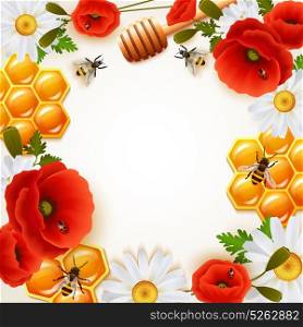 Honey Colored Background . Honey colored background with colorful flowers attributes for honey and bees around white fond vector illustration