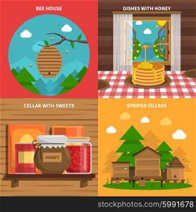 Honey Concept Icons Set. Honey concept icons set with bee house and cellar with sweets symbols flat isolated vector illustration