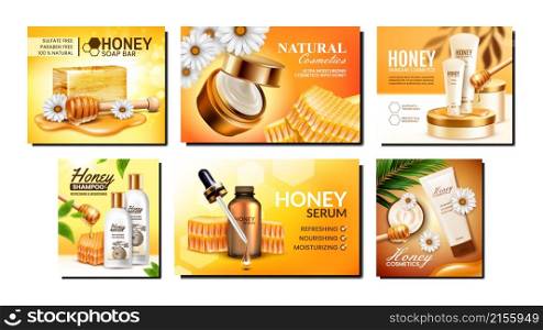honey cosmetics skincare background poster set. Oil design. Beauty care. Organic collagen. Gold poster. Golden drop. Bee ad. Yellow product. Essence banner. packaging. realistic vector illustration. honey cosmetics skincare background poster set vector