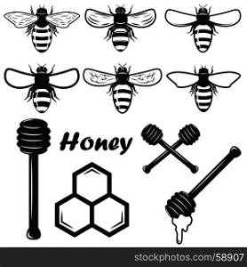 honey design elements. Bee illustrations. Design elements for emblem, sign, badge. Vector illustration