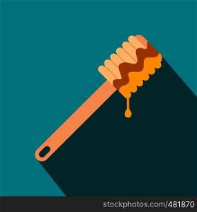 Honey dipper flat icon. Wooden stick with flowing honey drop on blue background. Honey dipper flat icon
