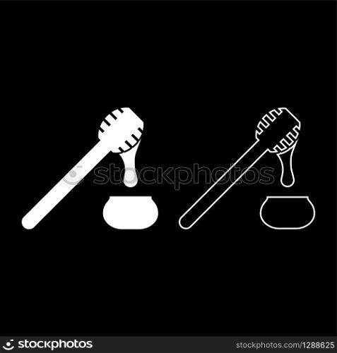 Honey drips from honey spoon into pot Stick with wooden and jar liquid nectar icon outline set white color vector illustration flat style simple image. Honey drips from honey spoon into pot Stick with wooden and jar liquid nectar icon outline set white color vector illustration flat style image