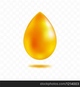 Honey drop isolated on transparent background, cosmetic anti age collagen oil or caramel droplet. Jojoba, nectar syrup. Vector design.