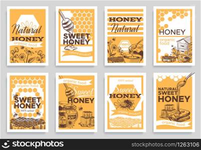 Honey flyers. Natural organic food beeswax, honeycomb and bees beehive, jar and nature honeyed flowers, beekeeping retro sketch vector banners for branding package. Honey flyers. Natural organic food beeswax, honeycomb and bees beehive, jar and honeyed flowers, beekeeping retro sketch vector banners